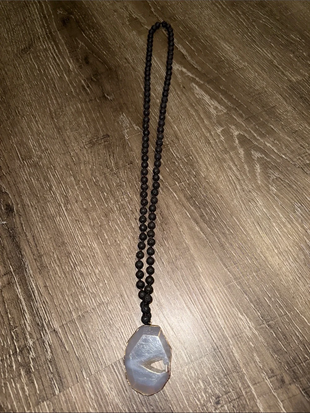 Black Beaded Necklace with Blue Agate Pendant - Men Accessories